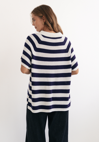 VICTORIA COLLARED KNIT - NAVY & WHITE