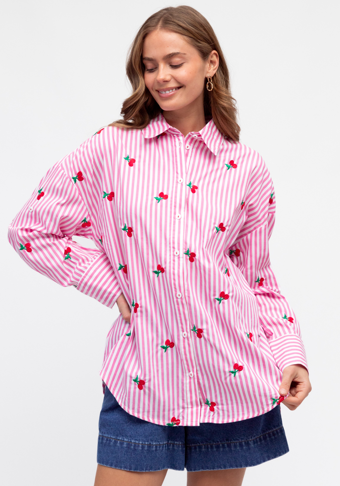 Load image into Gallery viewer, KIMMY BUTTON THROUGH SHIRT - PINK STRIPE