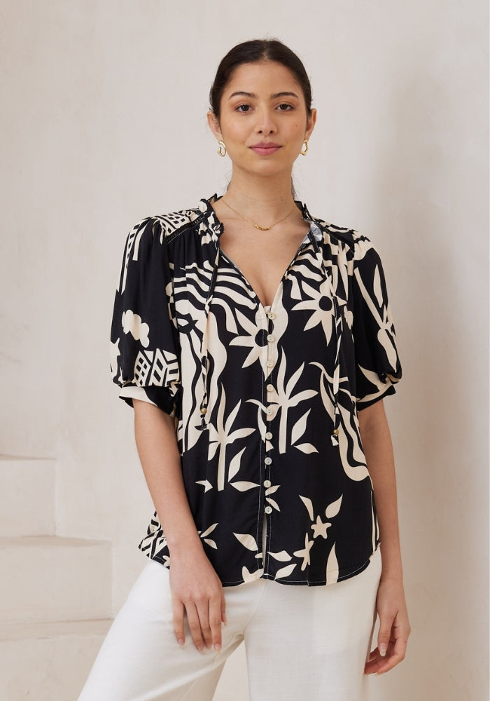 Load image into Gallery viewer, LIVVY PUFF SLEEVED BLOUSE - BLACK PRINT