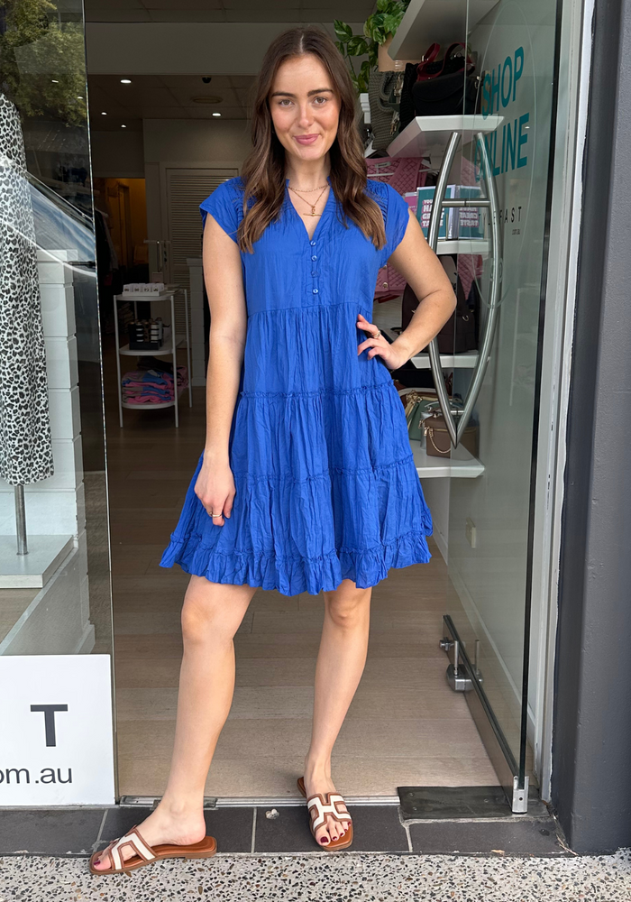 Load image into Gallery viewer, LULALIFE SHAYNA TIERED COTTON DRESS - OCEAN