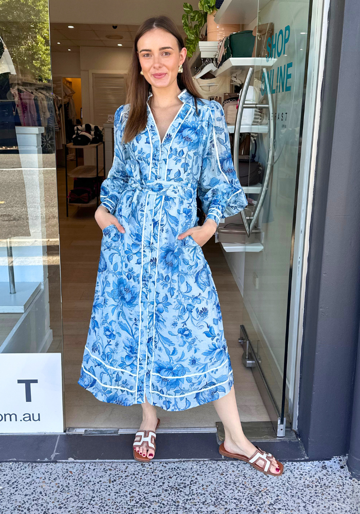Load image into Gallery viewer, NYLA MIDI DRESS - BLUE FLORAL
