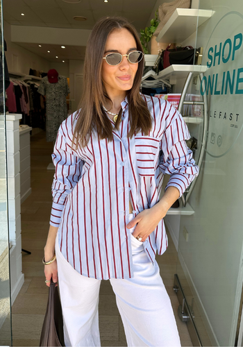 ZANA BUTTON THROUGH SHIRT - BLUE & BURGUNDY
