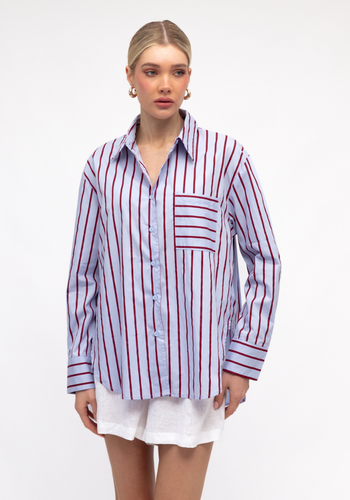 ZANA BUTTON THROUGH SHIRT - BLUE & BURGUNDY