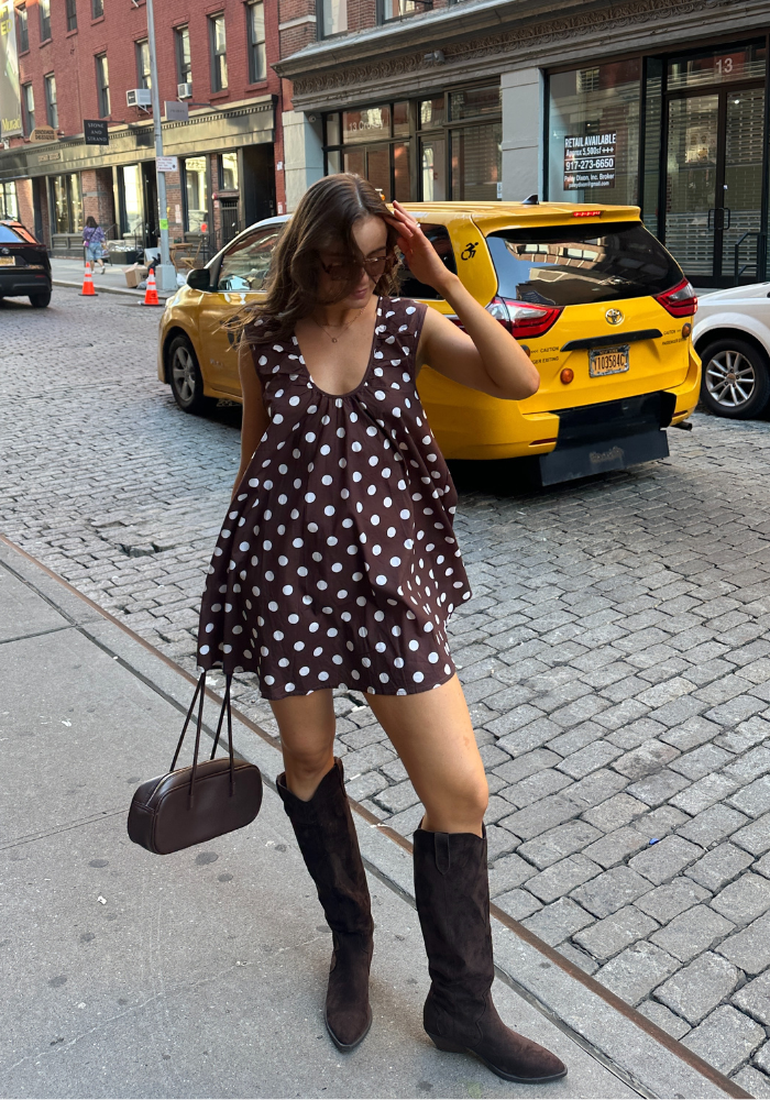 Load image into Gallery viewer, ZIVA A LINE MINI DRESS - CHOCOLATE SPOT
