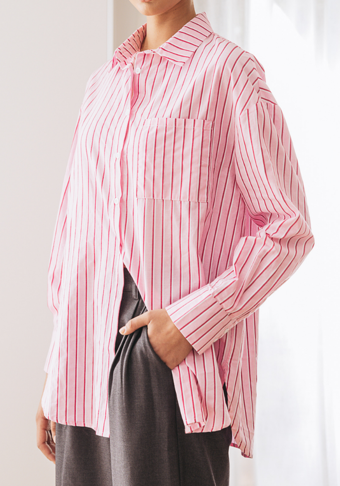 Load image into Gallery viewer, FEATHER + NOISE EMILY SHIRT - PINK BURGUNDY STRIPE