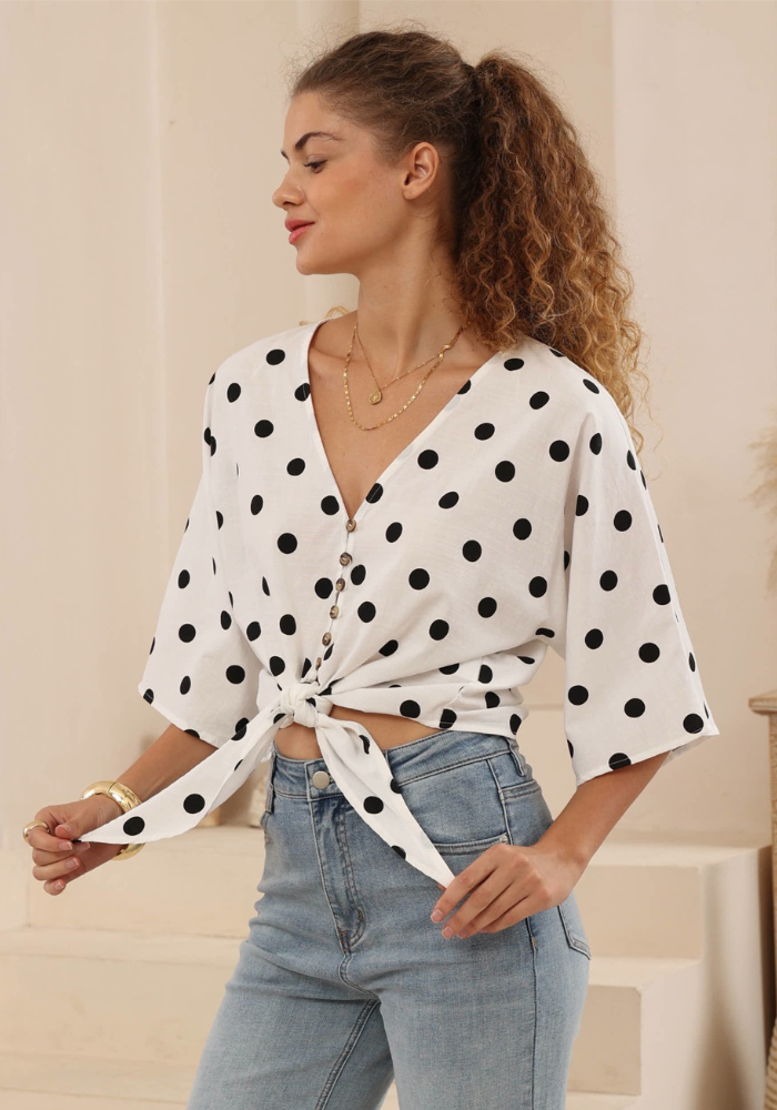 Load image into Gallery viewer, SCOUT TIE BLOUSE - BLACK & WHITE SPOT