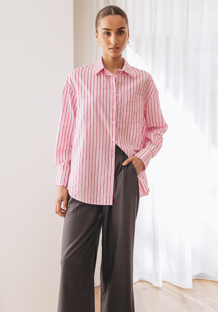 Load image into Gallery viewer, FEATHER + NOISE EMILY SHIRT - PINK BURGUNDY STRIPE