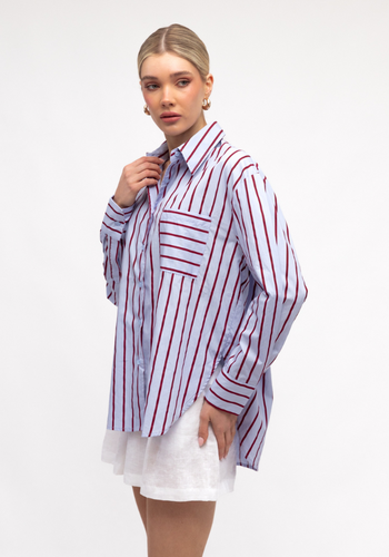 ZANA BUTTON THROUGH SHIRT - BLUE & BURGUNDY