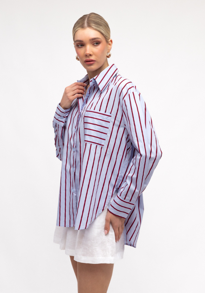 Load image into Gallery viewer, ZANA BUTTON THROUGH SHIRT - BLUE & BURGUNDY