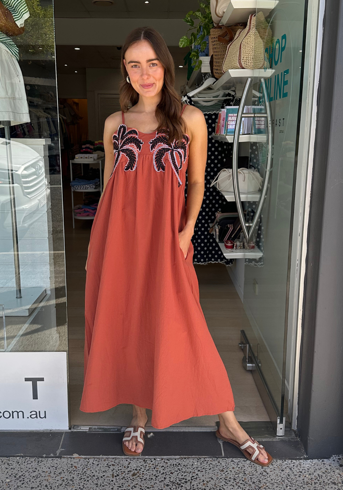 Load image into Gallery viewer, ALICE EMBROIDERY DETAIL MAXI DRESS - RUST
