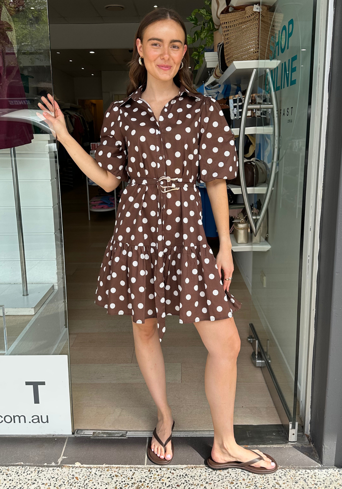 Load image into Gallery viewer, ELSIE TIERED MINI DRESS - CHOCOLATE SPOT