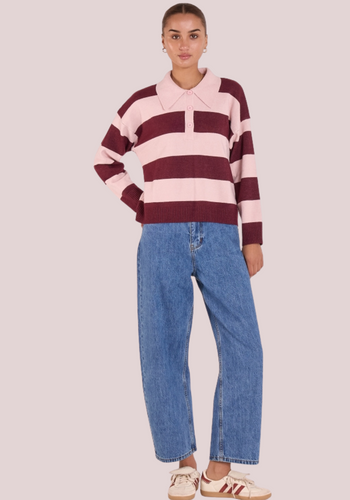 FEATHER + NOISE STEFI RUGBY KNIT - PINK BURGUNDY