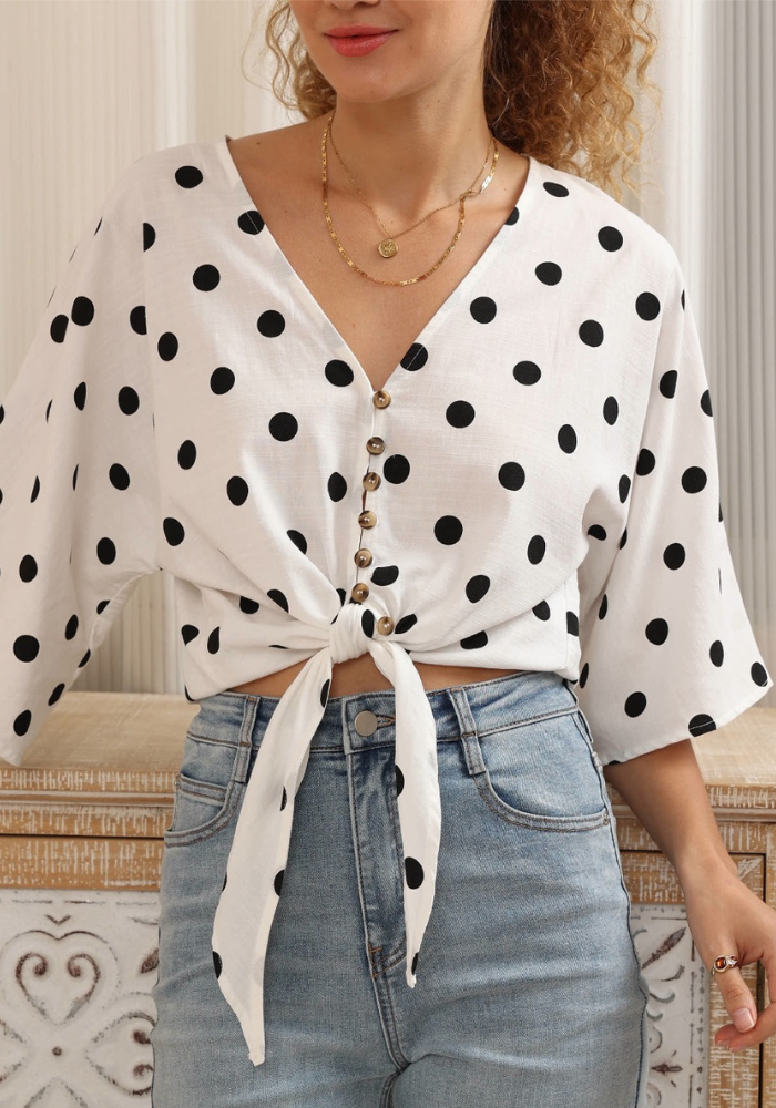 Load image into Gallery viewer, SCOUT TIE BLOUSE - BLACK & WHITE SPOT