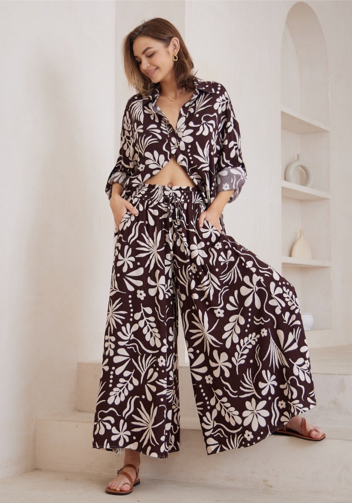Load image into Gallery viewer, HUNTER WIDE LEG PANTS - CHOCOLATE PRINT