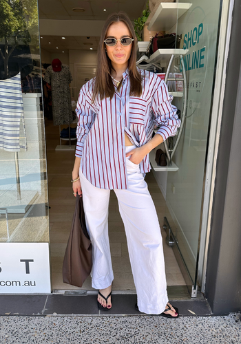ZANA BUTTON THROUGH SHIRT - BLUE & BURGUNDY