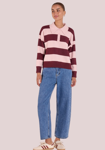 FEATHER + NOISE STEFI RUGBY KNIT - PINK BURGUNDY