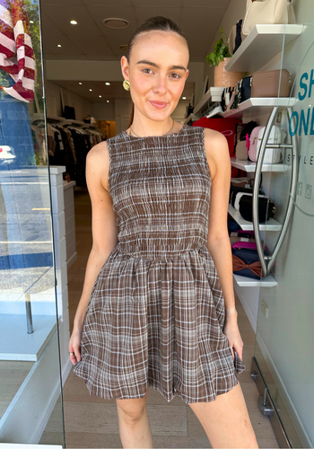 JUNO SHIRRED BODICE MINI DRESS - CHOCOLATE CHECK