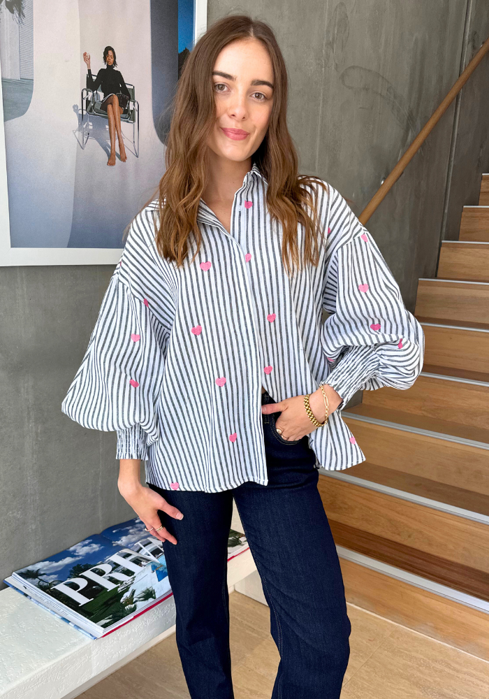 Load image into Gallery viewer, CARRIE BUTTON THROUGH BLOUSE - BLACK STRIPE