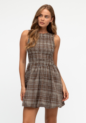 JUNO SHIRRED BODICE MINI DRESS - CHOCOLATE CHECK