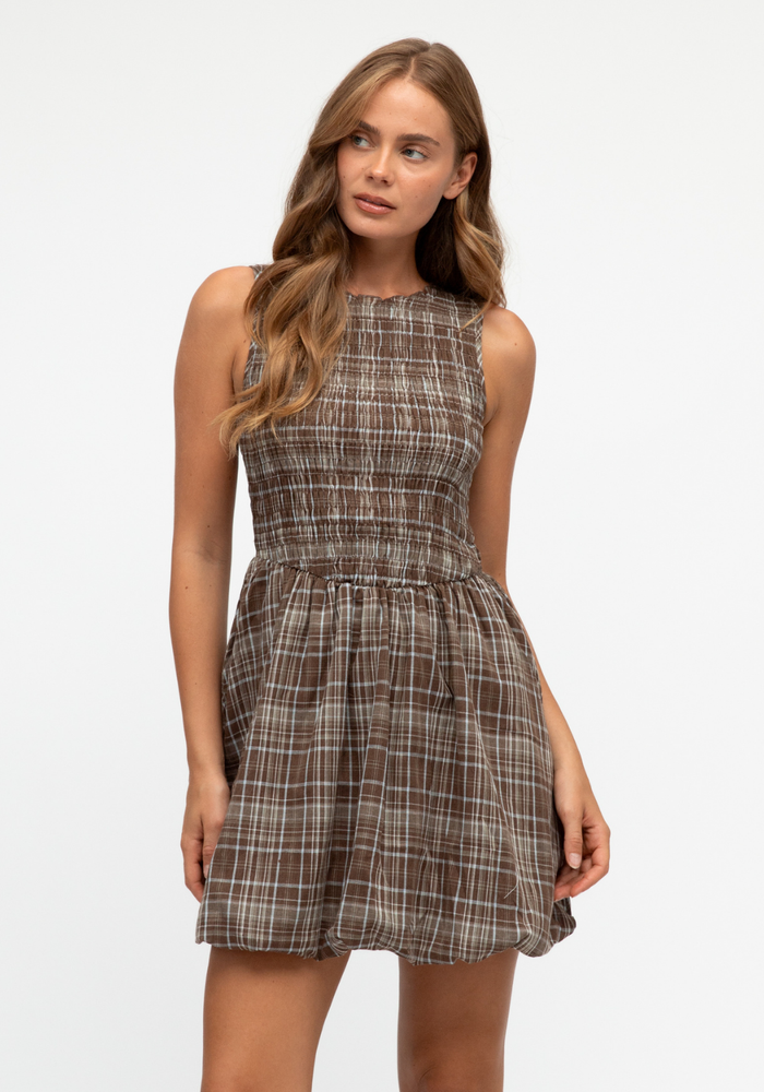 Load image into Gallery viewer, JUNO SHIRRED BODICE MINI DRESS - CHOCOLATE CHECK