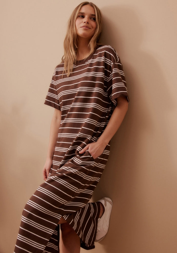 Load image into Gallery viewer, CERES LIFE CHARLOTTE MIDI TERRY DRESS - CHOCOLATE WHITE STRIPE