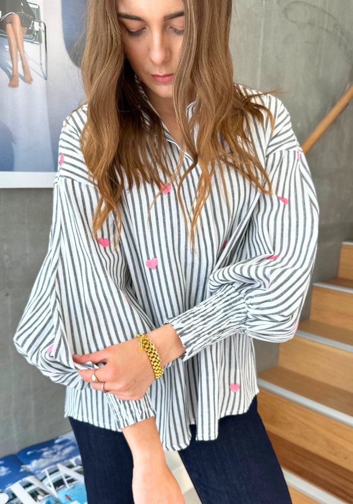 Load image into Gallery viewer, CARRIE BUTTON THROUGH BLOUSE - BLACK STRIPE