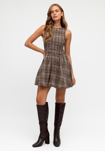 JUNO SHIRRED BODICE MINI DRESS - CHOCOLATE CHECK