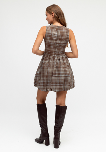 JUNO SHIRRED BODICE MINI DRESS - CHOCOLATE CHECK