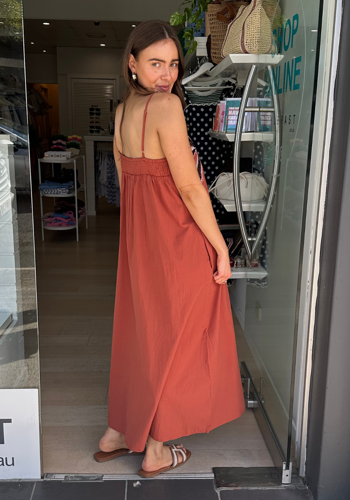Load image into Gallery viewer, ALICE EMBROIDERY DETAIL MAXI DRESS - RUST