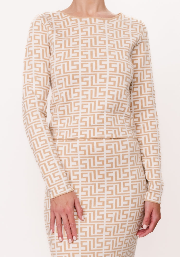 Load image into Gallery viewer, SADIE KNIT TOP - BEIGE &amp; WHITE PRINT
