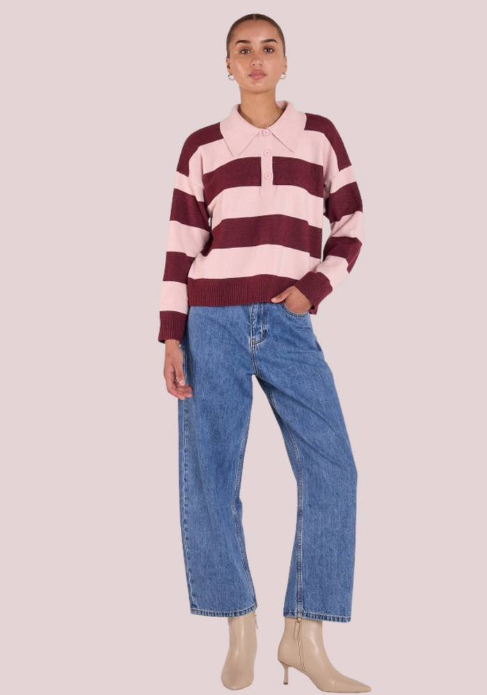 Load image into Gallery viewer, FEATHER + NOISE STEFI RUGBY KNIT - PINK BURGUNDY