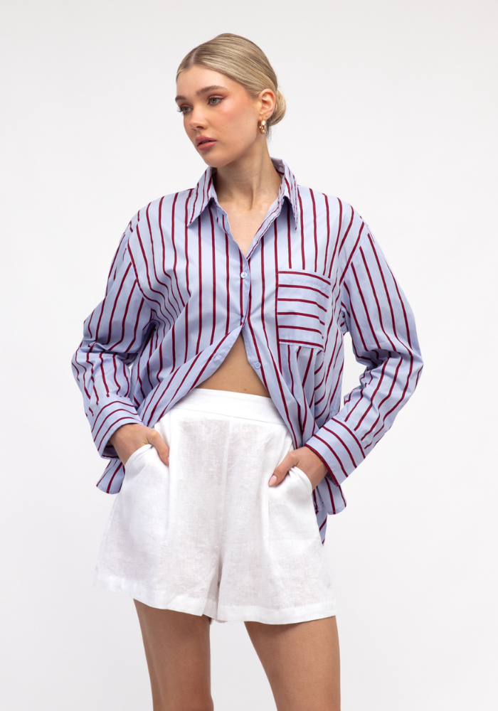 Load image into Gallery viewer, ZANA BUTTON THROUGH SHIRT - BLUE & BURGUNDY
