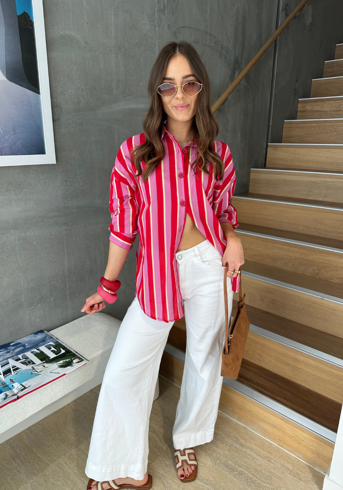 Load image into Gallery viewer, RENATA 100% COTTON SHIRT - RED/PINK STRIPE
