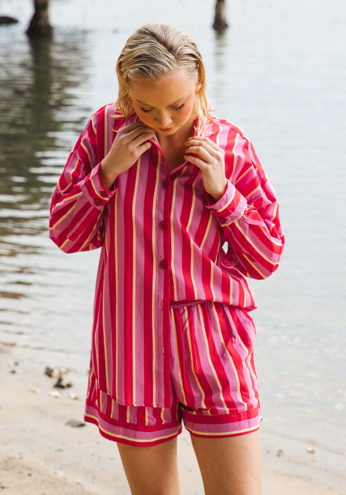 Load image into Gallery viewer, RENATA 100% COTTON SHIRT - RED/PINK STRIPE
