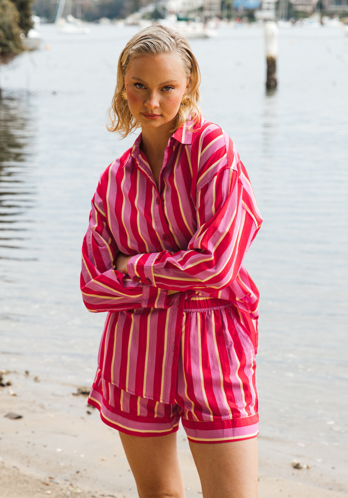 Load image into Gallery viewer, RENATA 100% COTTON SHIRT - RED/PINK STRIPE