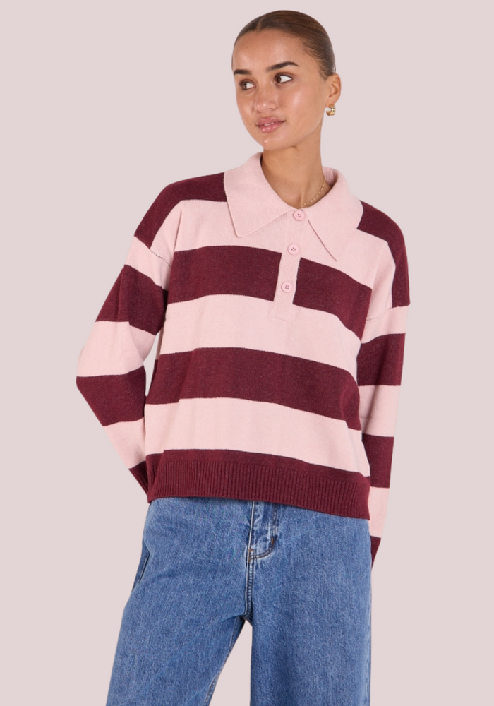 Load image into Gallery viewer, FEATHER + NOISE STEFI RUGBY KNIT - PINK BURGUNDY