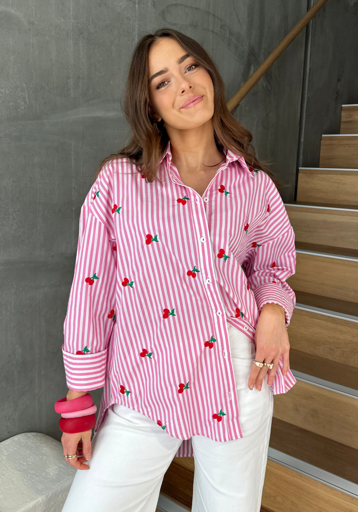 Load image into Gallery viewer, KIMMY BUTTON THROUGH SHIRT - PINK STRIPE