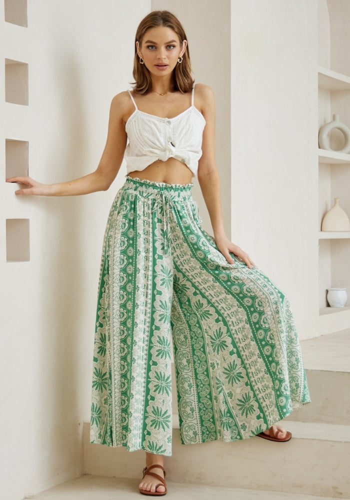 Load image into Gallery viewer, REINA WIDE LEG PANTS - GREEN PRINT