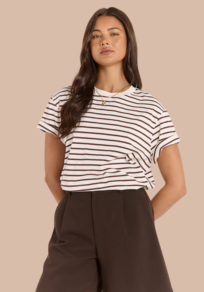 Load image into Gallery viewer, FEATHER + NOISE CARTER TEE - CHOCOLATE STRIPE