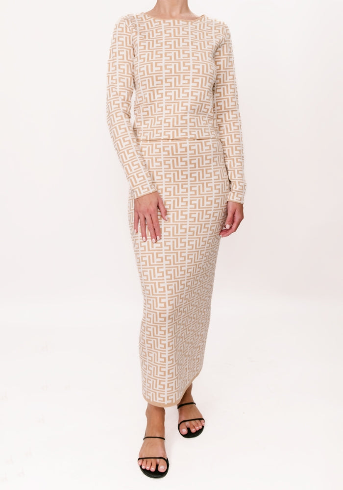 Load image into Gallery viewer, SADIE KNIT SKIRT - BEIGE &amp; WHITE PRINT