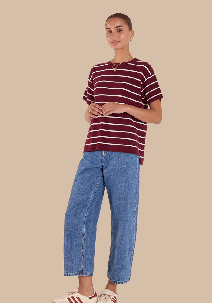 Load image into Gallery viewer, FEATHER + NOISE JASPER KNITTED TEE - BURGUNDY WHITE STRIPE