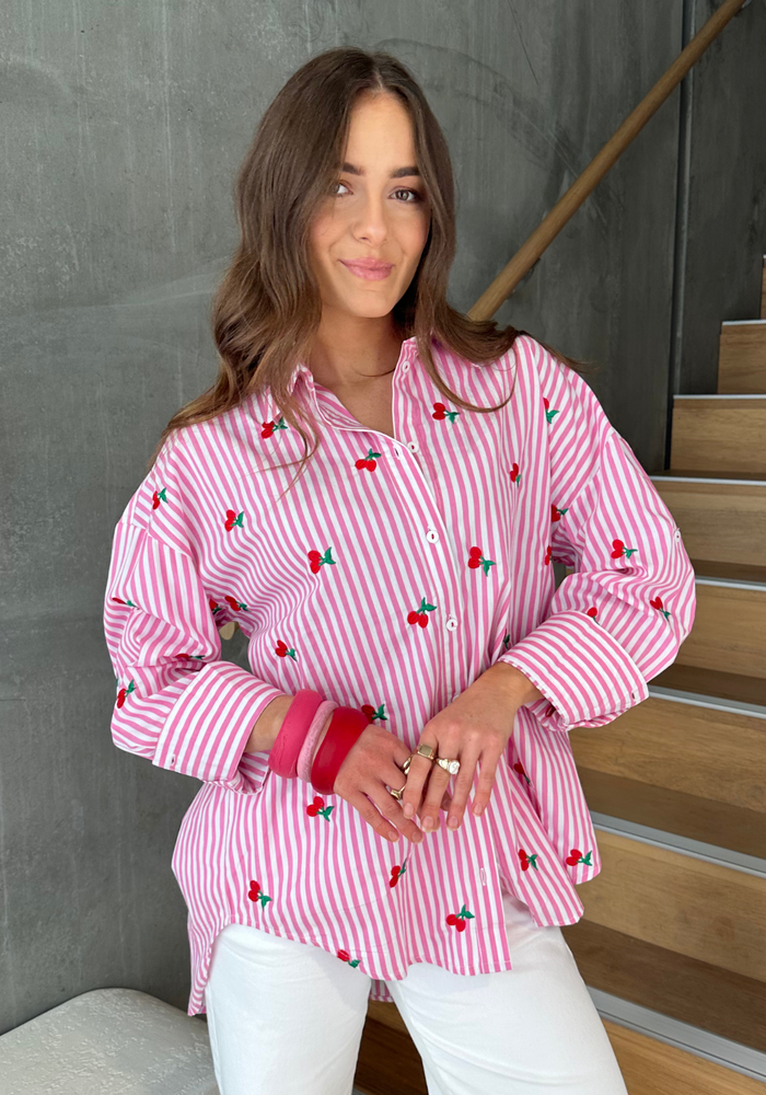 Load image into Gallery viewer, KIMMY BUTTON THROUGH SHIRT - PINK STRIPE