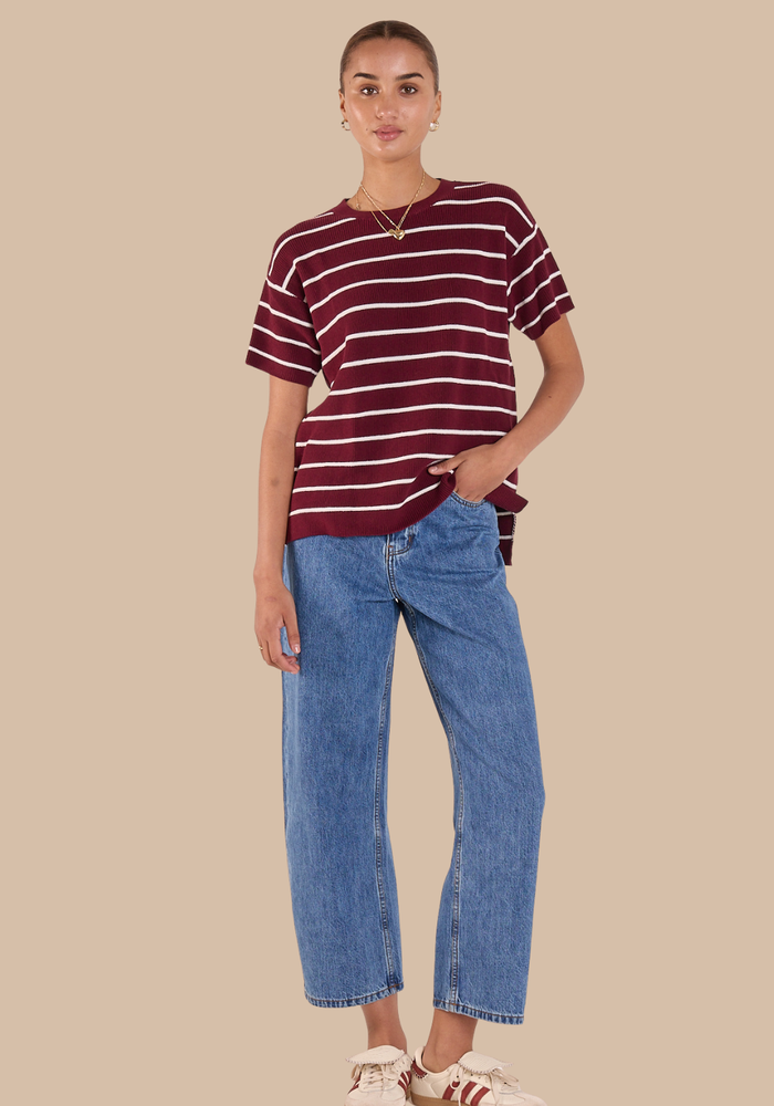 Load image into Gallery viewer, FEATHER + NOISE JASPER KNITTED TEE - BURGUNDY WHITE STRIPE