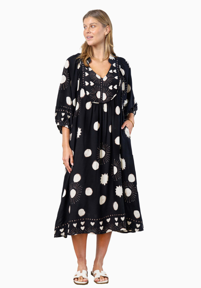 Load image into Gallery viewer, RODGERS BATWING MIDI DRESS - BLACK SPOT PRINT