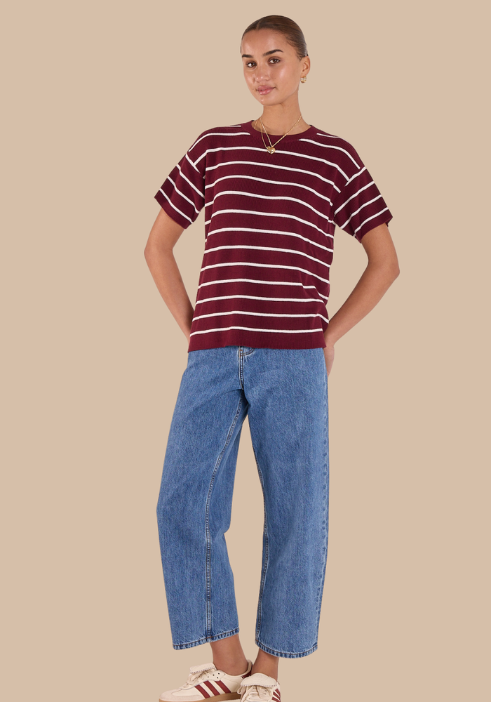 Load image into Gallery viewer, FEATHER + NOISE JASPER KNITTED TEE - BURGUNDY WHITE STRIPE
