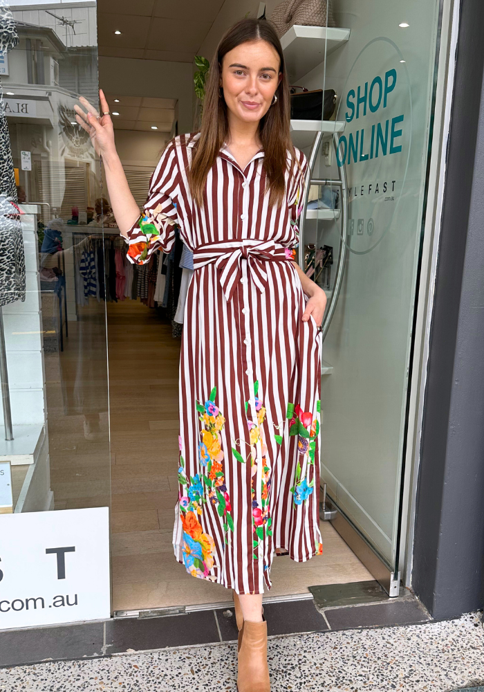 Load image into Gallery viewer, ROSALIE MAXI SHIRTDRESS - CHOCOLATE STRIPE