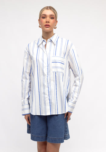 ZANA BUTTON THROUGH SHIRT - WHITE & BLUE