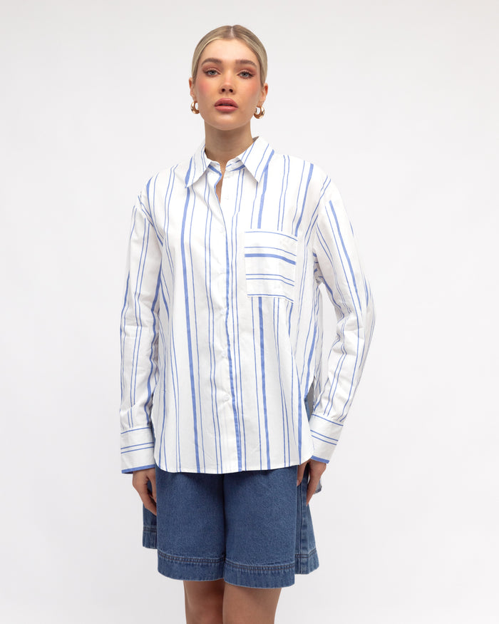 Load image into Gallery viewer, ZANA BUTTON THROUGH SHIRT - WHITE & BLUE