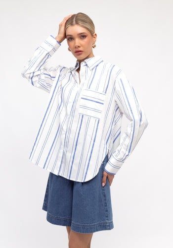 ZANA BUTTON THROUGH SHIRT - WHITE & BLUE