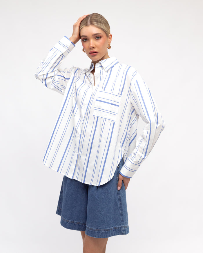 Load image into Gallery viewer, ZANA BUTTON THROUGH SHIRT - WHITE & BLUE